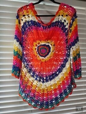 Crochet Multicolor Open-Weave Sweater / Swim Cover-up